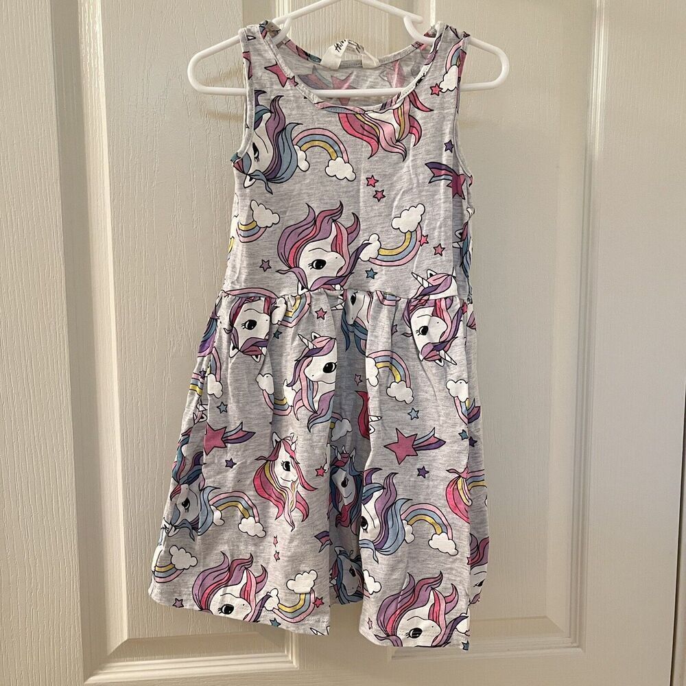 H&M Unicorns Rainbows Stars Tank Dress Gray Girls Size 4-6 yrs